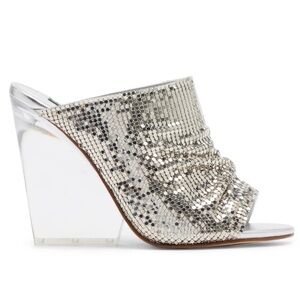 Steve Madden x Jessica Rich Silver Rhinestone Mule Heels Clear Block Heel